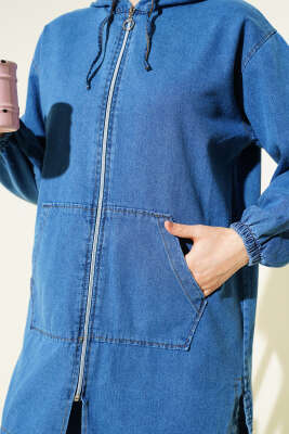 Kapüşonlu Çift Cepli Fermuarlı Kot İkili Takım Kot Mavisi - İkili Takım