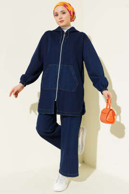 Kapüşonlu Çift Cepli Fermuarlı Kot İkili Takım Lacivert 