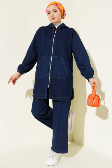 Kapüşonlu Çift Cepli Fermuarlı Kot İkili Takım Lacivert - İkili Takım