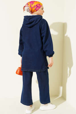 Kapüşonlu Çift Cepli Fermuarlı Kot İkili Takım Lacivert - İkili Takım