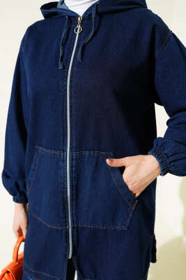 Kapüşonlu Çift Cepli Fermuarlı Kot İkili Takım Lacivert - İkili Takım