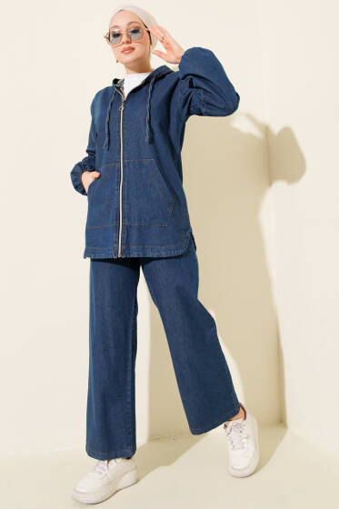 Kapüşonlu Çift Cepli Fermuarlı Kot İkili Takım Mavi - İkili Takım