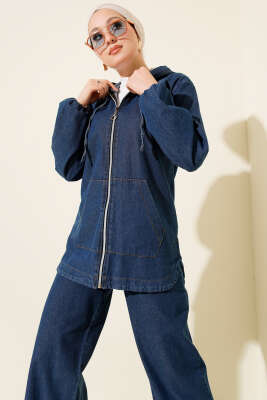 Kapüşonlu Çift Cepli Fermuarlı Kot İkili Takım Mavi - İkili Takım