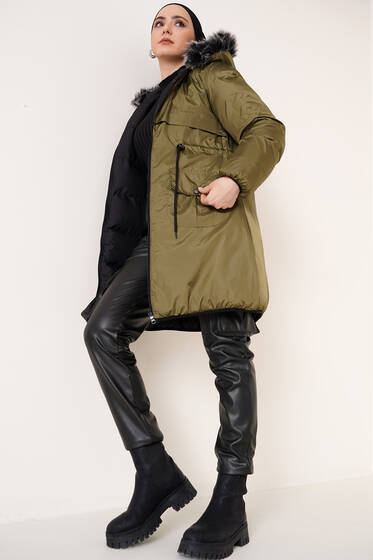 Kapüşonlu Çift Taraflı Şişme Mont Haki - Mont