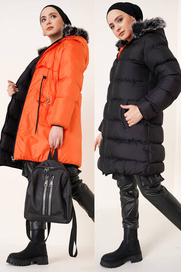 Kapüşonlu Çift Taraflı Şişme Mont Oranj - Mont