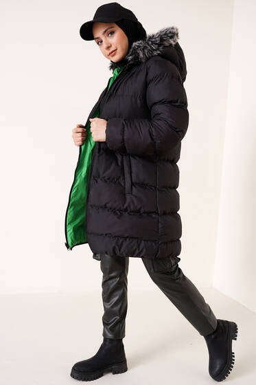 Kapüşonlu Çift Taraflı Şişme Mont Yeşil - Mont