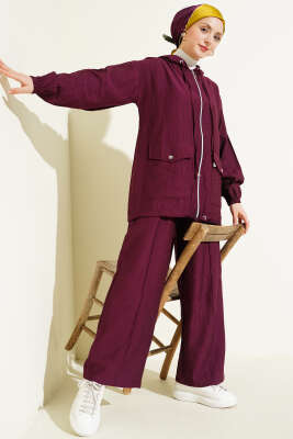 Kapüşonlu Çift Torba Cepli İkili Takım Bordo - HBS