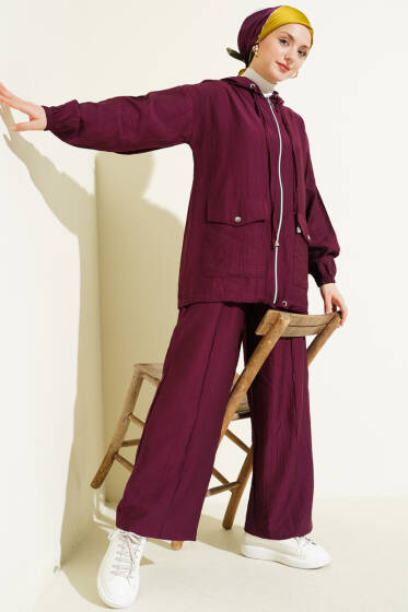 Kapüşonlu Çift Torba Cepli İkili Takım Bordo - İkili Takım