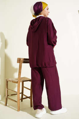 Kapüşonlu Çift Torba Cepli İkili Takım Bordo - İkili Takım