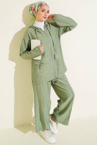 Kapüşonlu Çift Torba Cepli İkili Takım Çağla Yeşili - İkili Takım