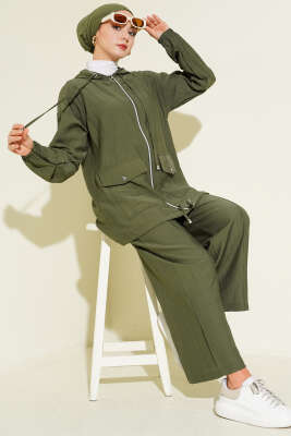 Kapüşonlu Çift Torba Cepli İkili Takım Haki - HBS