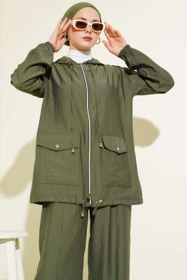 Kapüşonlu Çift Torba Cepli İkili Takım Haki - İkili Takım