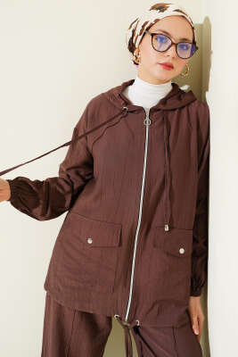 Kapüşonlu Çift Torba Cepli İkili Takım Kahve - İkili Takım