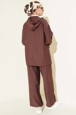 Kapüşonlu Çift Torba Cepli İkili Takım Kahve - İkili Takım