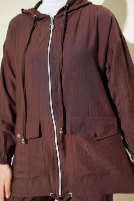 Kapüşonlu Çift Torba Cepli İkili Takım Kahve - İkili Takım