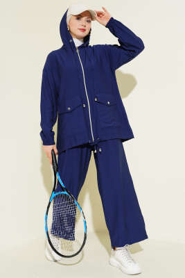 Kapüşonlu Çift Torba Cepli İkili Takım Lacivert - HBS