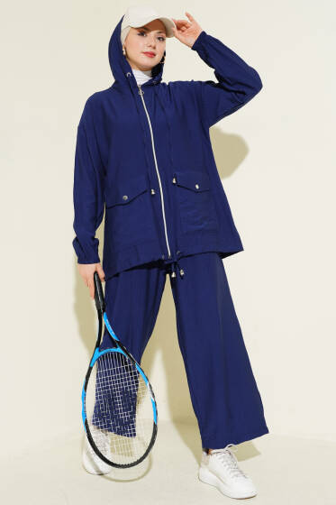 Kapüşonlu Çift Torba Cepli İkili Takım Lacivert - İkili Takım