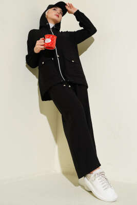 Kapüşonlu Çift Torba Cepli İkili Takım Siyah - HBS