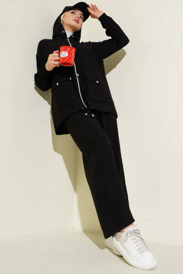 Kapüşonlu Çift Torba Cepli İkili Takım Siyah - İkili Takım