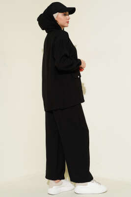 Kapüşonlu Çift Torba Cepli İkili Takım Siyah - İkili Takım