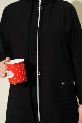 Kapüşonlu Çift Torba Cepli İkili Takım Siyah - İkili Takım