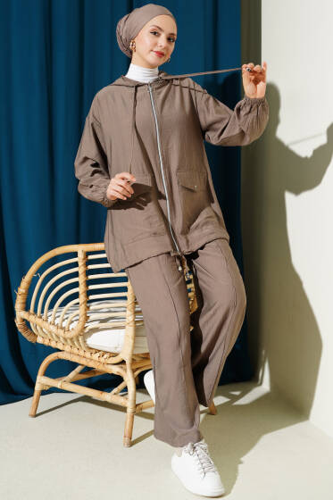 Kapüşonlu Çift Torba Cepli İkili Takım Vizon - İkili Takım