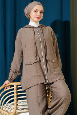 Kapüşonlu Çift Torba Cepli İkili Takım Vizon - İkili Takım