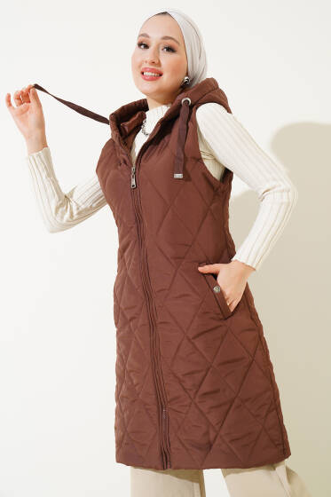 Kapüşonlu Çıtçıt Cepli Şişme Yelek Kahve - Yelek