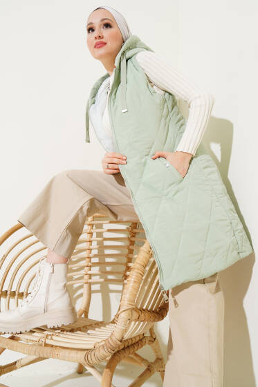 Kapüşonlu Çıtçıt Cepli Şişme Yelek Mint - Yelek