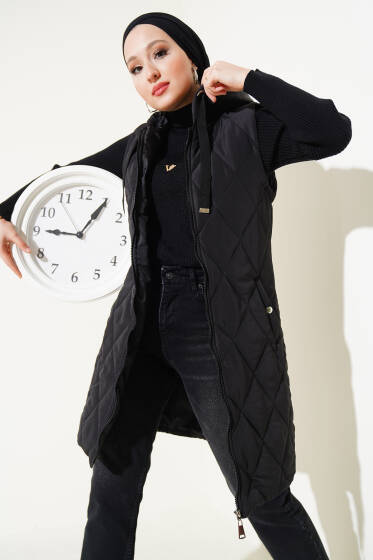 Kapüşonlu Çıtçıt Cepli Şişme Yelek Siyah - Yelek