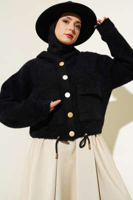 Kapüşonlu Çıtçıtlı Kısa Triko Hırka Siyah - Triko Hırka