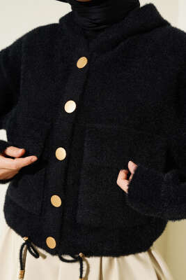 Kapüşonlu Çıtçıtlı Kısa Triko Hırka Siyah - Triko Hırka