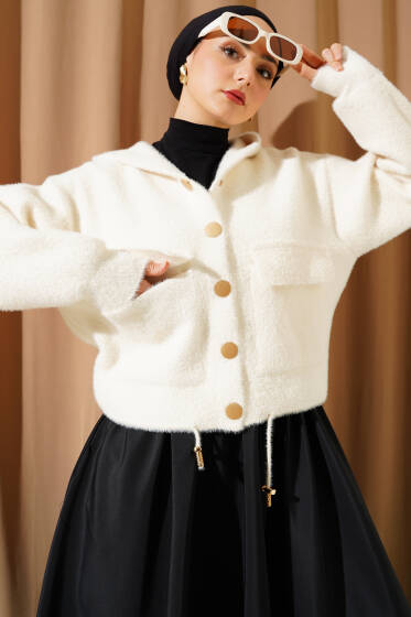 Kapüşonlu Çıtçıtlı Kısa Triko Hırka Vanilya - Hırka