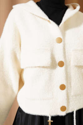 Kapüşonlu Çıtçıtlı Kısa Triko Hırka Vanilya - Triko Hırka