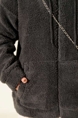 Kapüşonlu Çizgi Detaylı Peluş Mont Füme - Mont