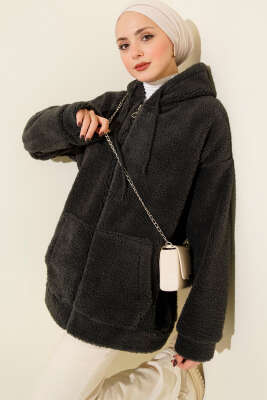 Kapüşonlu Çizgi Detaylı Peluş Mont Füme