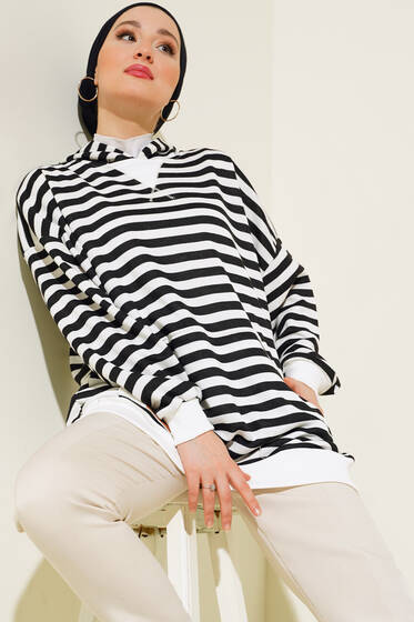 Kapüşonlu Çizgili Tunik Siyah - Tunik