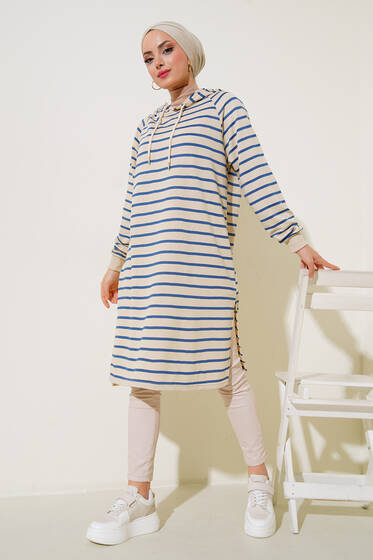 Kapüşonlu Çizgili Uzun Tunik İndigo - Tunik