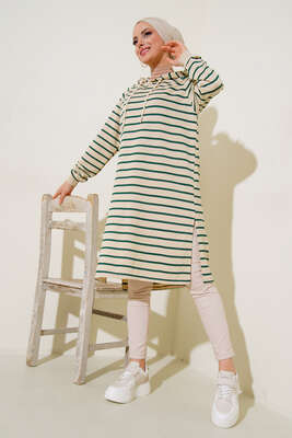 Kapüşonlu Çizgili Uzun Tunik Zümrüt Yeşil - Yılın Fırsatı