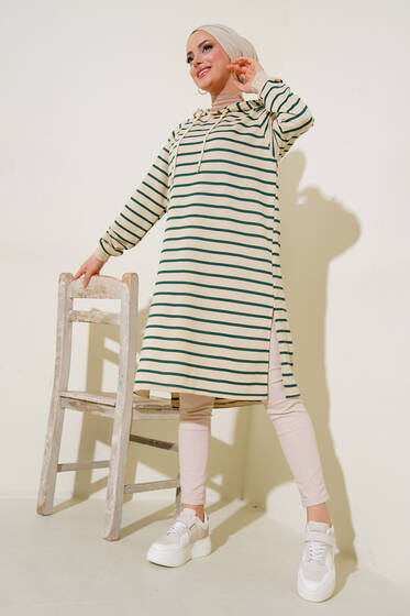 Kapüşonlu Çizgili Uzun Tunik Zümrüt Yeşil - Yılın Fırsatı