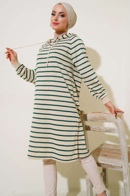 Kapüşonlu Çizgili Uzun Tunik Zümrüt Yeşil - Yılın Fırsatı