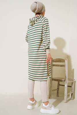 Kapüşonlu Çizgili Uzun Tunik Zümrüt Yeşil - Yılın Fırsatı