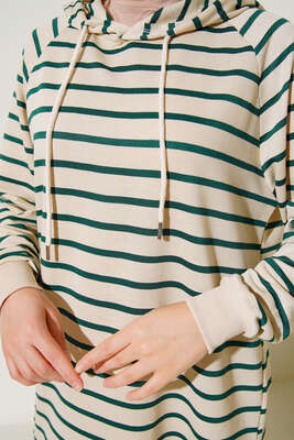 Kapüşonlu Çizgili Uzun Tunik Zümrüt Yeşil - Yılın Fırsatı