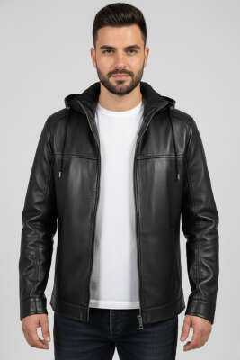 Kapüşonlu Deri Erkek Ceket Siyah - ZAGO