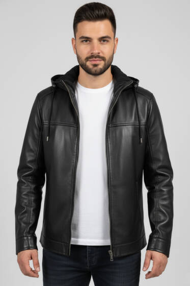 Kapüşonlu Deri Erkek Ceket Siyah - Erkek Ceket