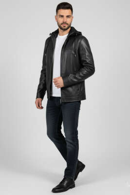 Kapüşonlu Deri Erkek Ceket Siyah - Erkek Ceket