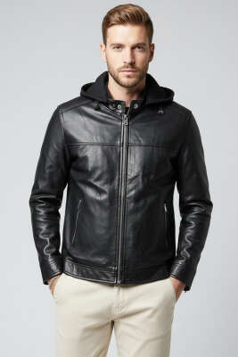 Kapüşonlu Deri Erkek Ceket Siyah - ZAGO