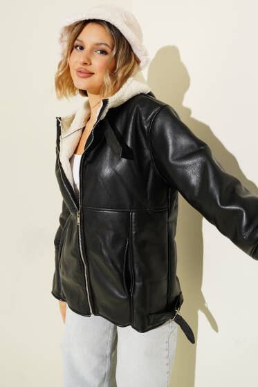 Kapüşonlu Deri Mont Siyah Ekru - Kadın Giyim Modelleri