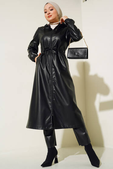 Kapüşonlu Deri Trençkot Siyah - Uzun Trençkot