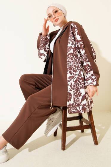 Kapüşonlu Desenli Scuba İkili Takım Kahve - İkili Takım